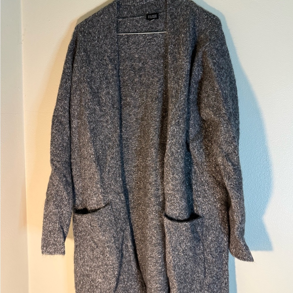Eileen Fisher Charcoal Open-Front Long Cardigan size medium wool blend